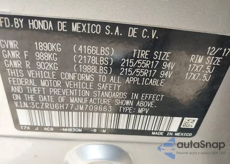 2018 Honda Hr-V Ex-L z USA, uszkodzony, nr VIN 3CZRU6H77JM709663